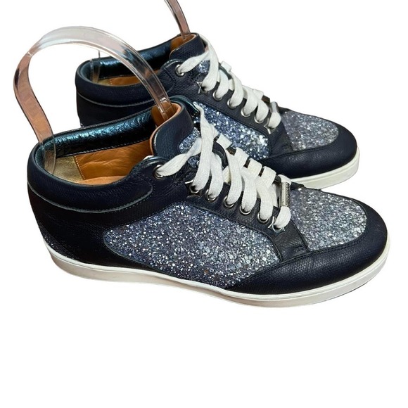 Jimmy Choo Sneakers Leather‎ Navy Blue Glitter Low Top Size 35.5 - Picture 4 of 8